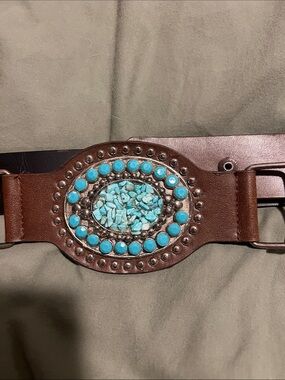 Brown Leather Belt with Turquoise Stone Accent